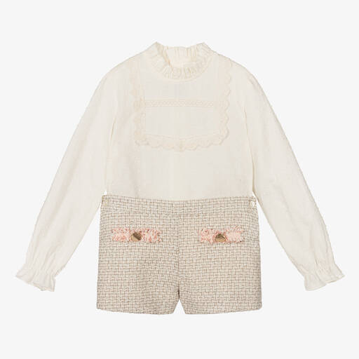 Abuela Tata-Girls Ivory & Beige Tweed Shorts Set | Childrensalon Outlet