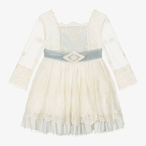 Abuela Tata-Girls Ivory & Blue Tulle Dress  | Childrensalon Outlet