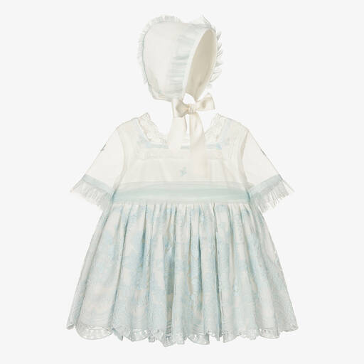 Abuela Tata-Кремово-голубое платье и чепец из тюля  | Childrensalon Outlet