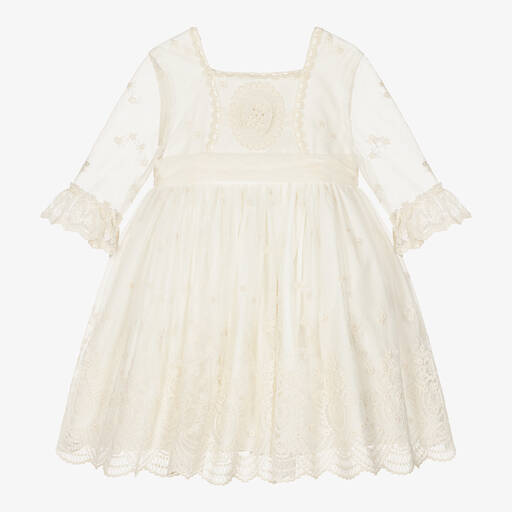 Abuela Tata-Кремовое платье из тюля с вышивкой  | Childrensalon Outlet