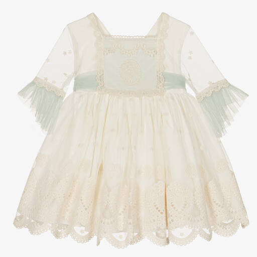 Abuela Tata-Girls Ivory & Green Floral Tulle Dress  | Childrensalon Outlet