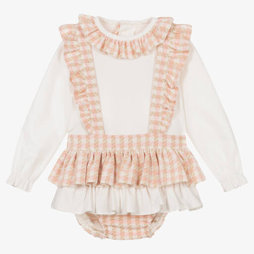 Abuela Tata-Girls Ivory & Pink Check Shorts Set | Childrensalon Outlet