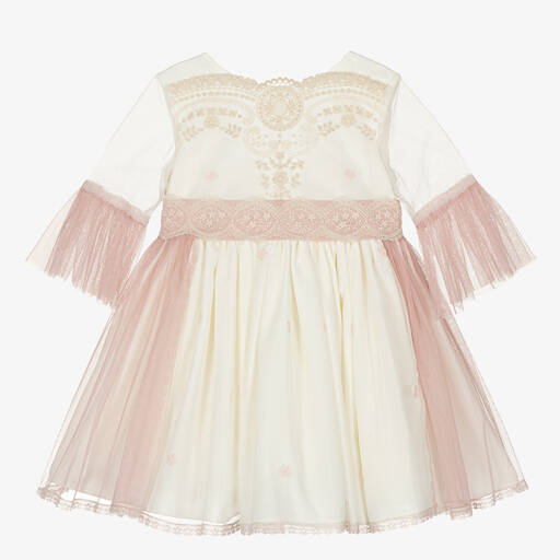 Abuela Tata-Girls Ivory & Pink Embroidered Tulle Dress | Childrensalon Outlet