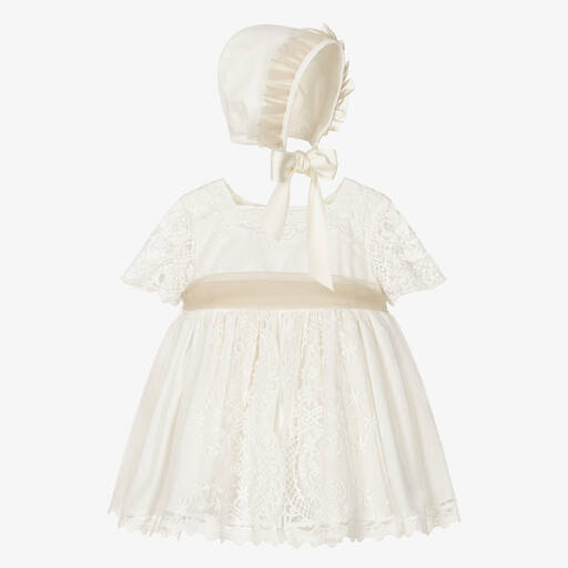 Abuela Tata-طقم فستان مزيج قطن وتول لون أبيض وبيج | Childrensalon Outlet