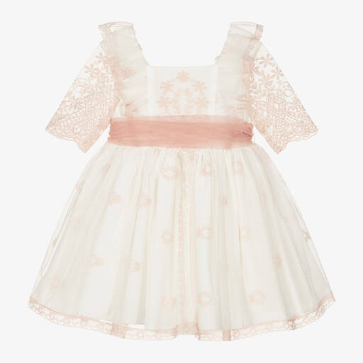 Abuela Tata-Girls White & Pink Tulle Dress | Childrensalon Outlet