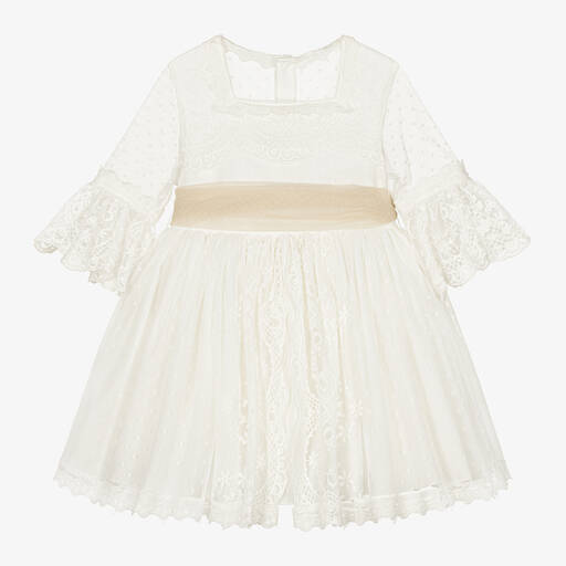 Abuela Tata-Girls White Tulle & Beige Sash Dress  | Childrensalon Outlet
