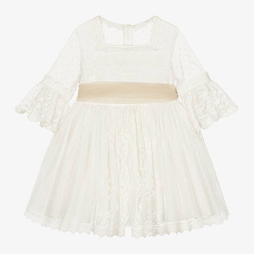 Abuela Tata-Girls White Tulle & Beige Sash Dress  | Childrensalon Outlet