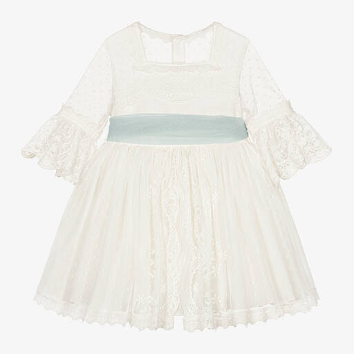 Abuela Tata-Girls White Tulle & Blue Sash Dress  | Childrensalon Outlet