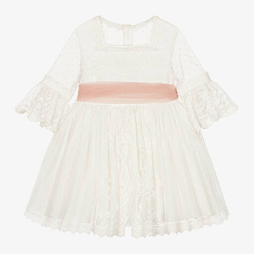 Abuela Tata-Girls White Tulle & Pink Sash Dress  | Childrensalon Outlet