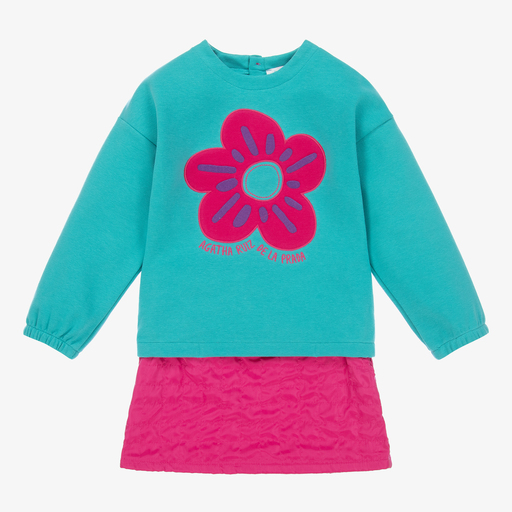 Agatha Ruiz de la Prada-طقم تنورة 3 قطع قطن جيرسي لون أزرق وزهري | Childrensalon Outlet