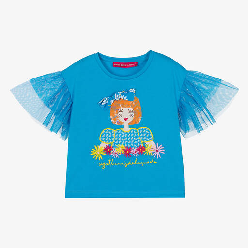Agatha Ruiz de la Prada-Girls Blue Tulle Sleeve Cotton T-Shirt | Childrensalon Outlet