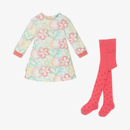 Agatha Ruiz de la Prada-طقم فستان بطبعة ورود قطن لون زهري وأبيض | Childrensalon Outlet