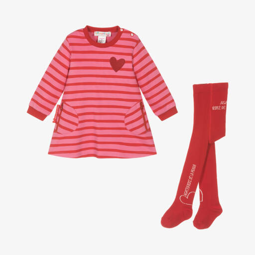 Agatha Ruiz de la Prada-طقم فستان قطن مقلم لون زهري للبنات | Childrensalon Outlet