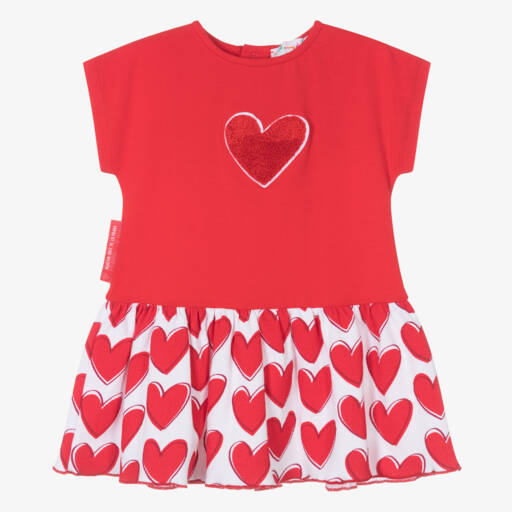 Agatha Ruiz de la Prada-فستان بطبعة قلوب قطن جيرسي لون أبيض وأحمر | Childrensalon Outlet