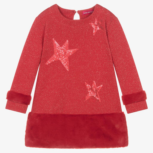 Agatha Ruiz de la Prada-فستان قطن مزين بترتر لون أحمر لامع | Childrensalon Outlet