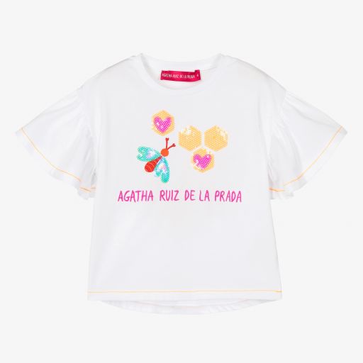 Agatha Ruiz de la Prada-Girls White Cotton Bee T-Shirt | Childrensalon Outlet