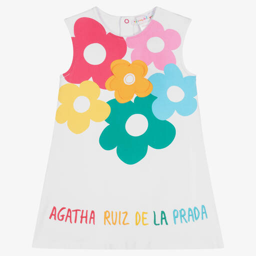 Agatha Ruiz de la Prada-فستان قطن جيرسي لون أبيض بطبعة ورود  | Childrensalon Outlet