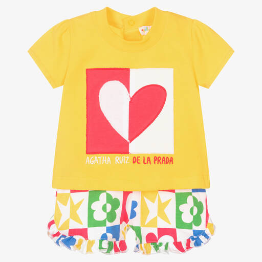 Agatha Ruiz de la Prada-Girls Yellow Heart Cotton Shorts Set | Childrensalon Outlet