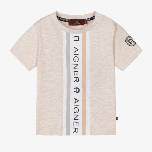AIGNER-Baby Boys Beige Cotton Logo T-Shirt | Childrensalon Outlet