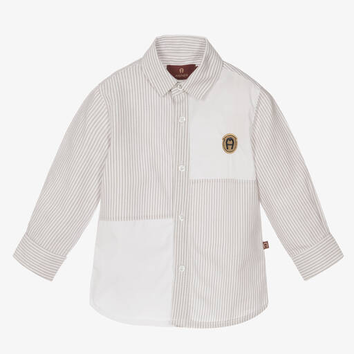 AIGNER-Baby Boys Beige Striped Cotton Shirt | Childrensalon Outlet