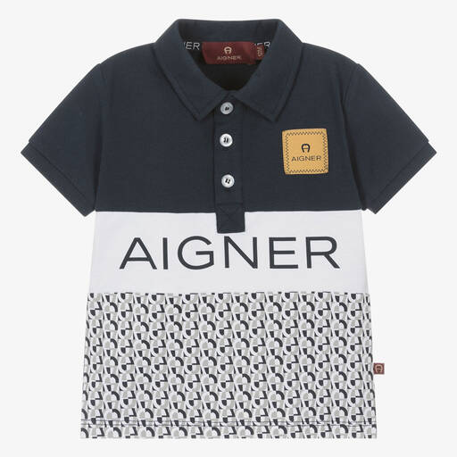 AIGNER-توب بولو أطفال ولادي قطن جيرسي لون كحلي وذهبي | Childrensalon Outlet
