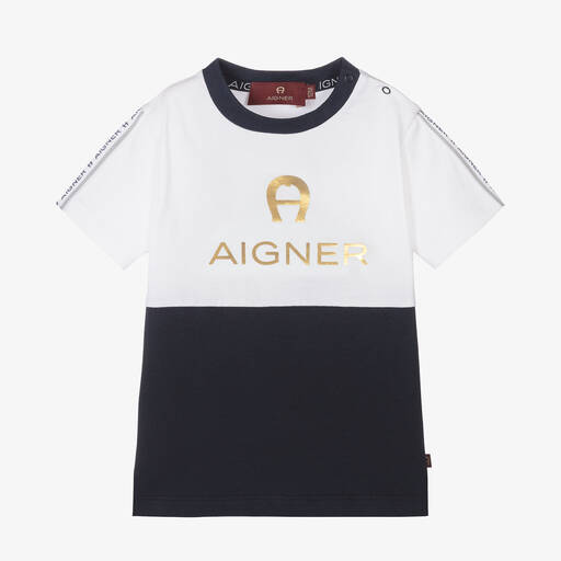 AIGNER-Baby Boys White & Blue Cotton T-Shirt | Childrensalon Outlet