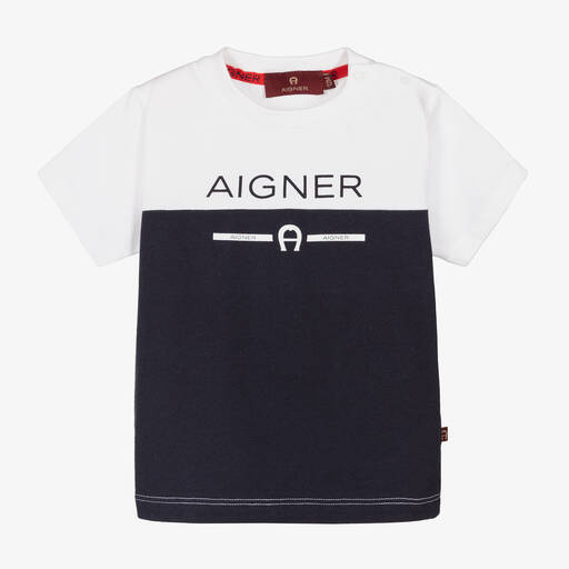 AIGNER-Baby Boys White & Blue Cotton T-Shirt | Childrensalon Outlet