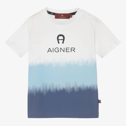 AIGNER-Baby Boys White & Blue Logo T-Shirt | Childrensalon Outlet