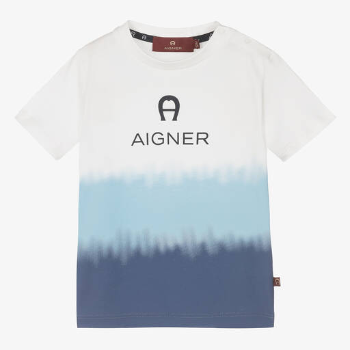 AIGNER-تيشيرت أطفال ولادي قطن لون أبيض وأزرق | Childrensalon Outlet