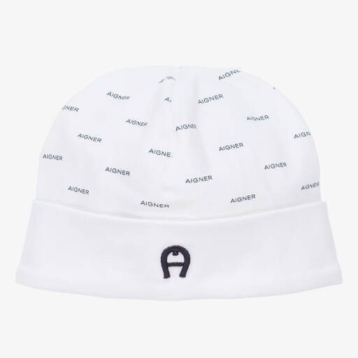 AIGNER-Baby Boys White & Blue Pima Cotton Hat | Childrensalon Outlet