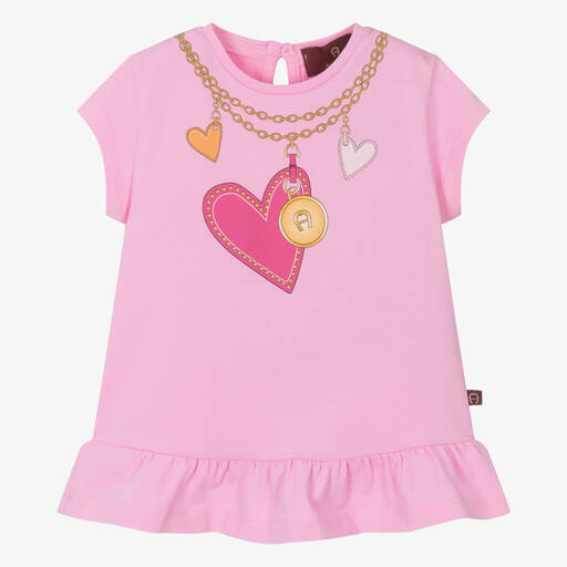 AIGNER-Розовая хлопковая футболка с сердечками на цепочке | Childrensalon Outlet