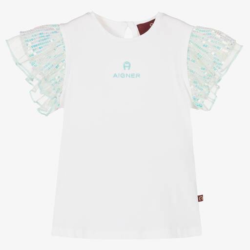AIGNER-T-shirt blanc et bleu à sequins | Childrensalon Outlet