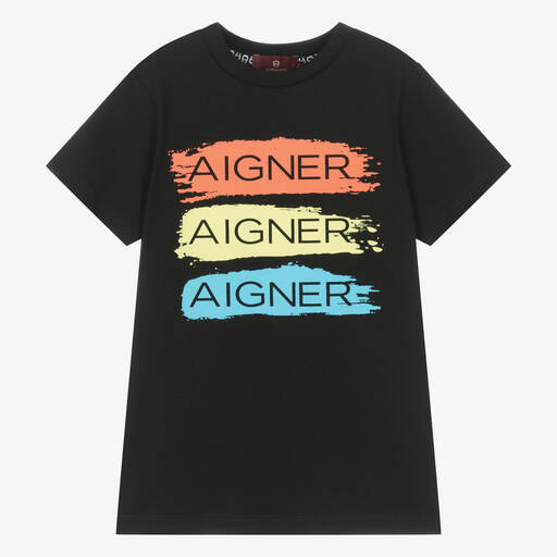 AIGNER-Boys Black Painted Stripes T-Shirt | Childrensalon Outlet