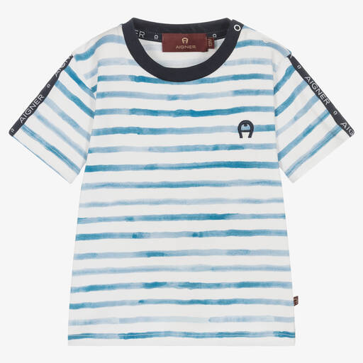 AIGNER-Boys Blue Stripe Cotton Logo T-Shirt | Childrensalon Outlet
