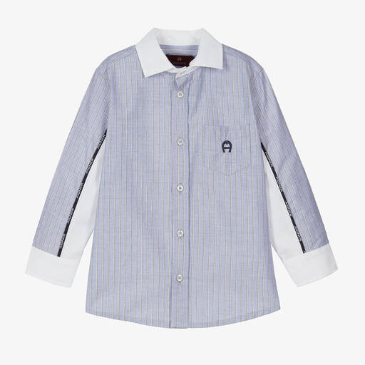 AIGNER-Boys Blue Striped Cotton Logo Shirt | Childrensalon Outlet