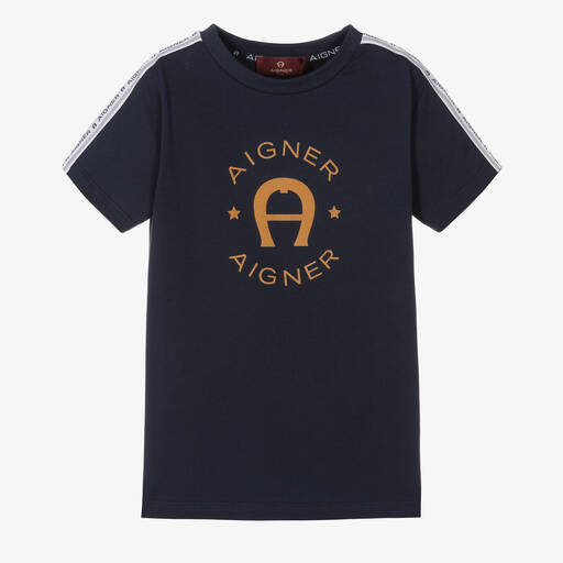 AIGNER-Boys Navy Blue Cotton Flock Logo T-Shirt | Childrensalon Outlet
