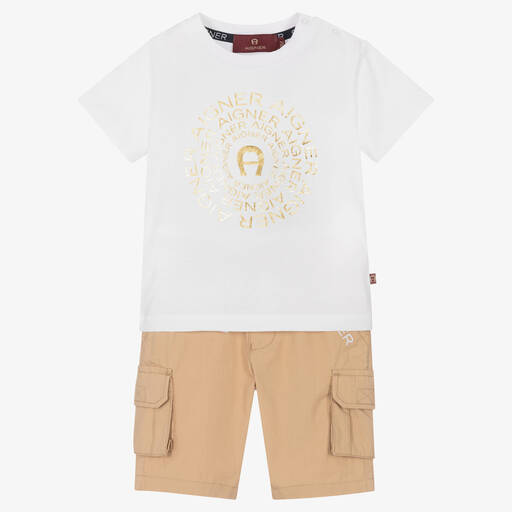 AIGNER-Boys White & Beige Cotton Shorts Set | Childrensalon Outlet
