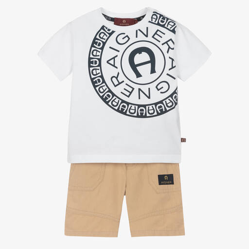 AIGNER-Boys White & Beige Cotton Shorts Set | Childrensalon Outlet