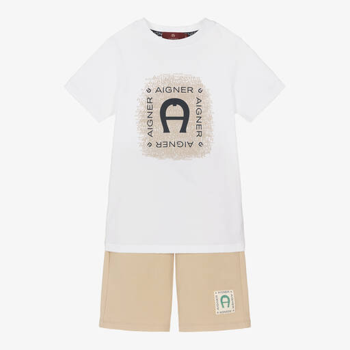 AIGNER-Белая рубашка поло и бежевые шорты из хлопка | Childrensalon Outlet