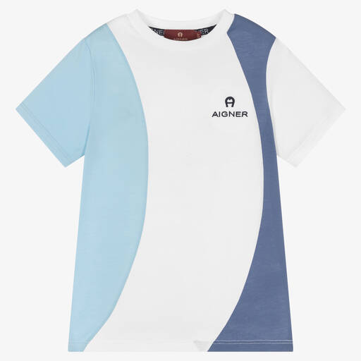 AIGNER-Boys White & Blue Colourblock T-Shirt | Childrensalon Outlet