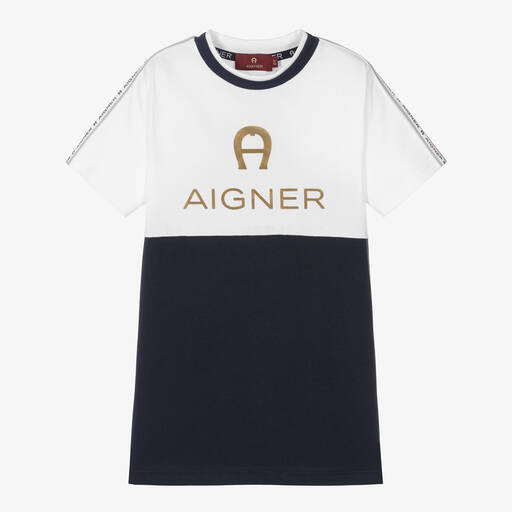 AIGNER-Boys White & Blue Cotton T-Shirt | Childrensalon Outlet