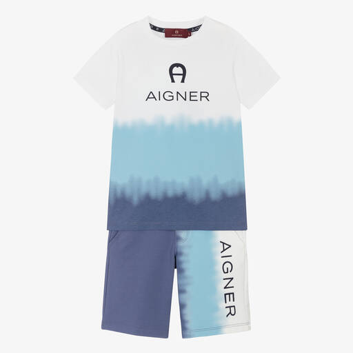AIGNER-طقم شورت قطن لون أبيض وأزرق للأولاد | Childrensalon Outlet