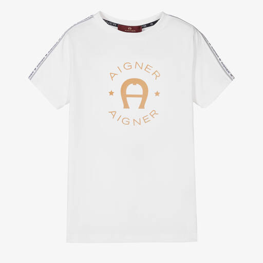 AIGNER-Boys White Cotton Flock Logo T-Shirt | Childrensalon Outlet