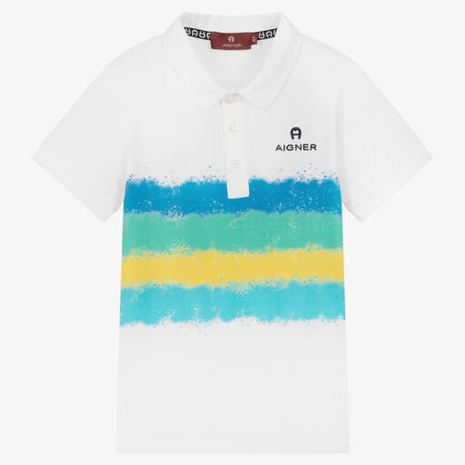 AIGNER-Boys White Cotton Spray Paint Polo Shirt | Childrensalon Outlet