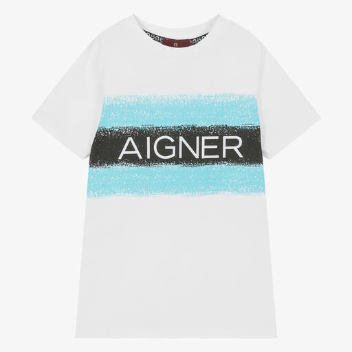 AIGNER-Boys White Cotton Stripes T-Shirt | Childrensalon Outlet