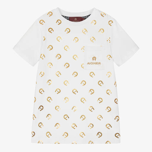 AIGNER-Boys White Cotton T-Shirt | Childrensalon Outlet