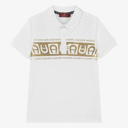 AIGNER-Boys White & Gold Cotton Polo Shirt | Childrensalon Outlet