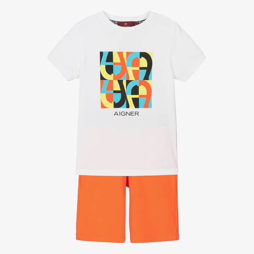 AIGNER-طقم شورت قطن لون أبيض وبرتقالي للأولاد | Childrensalon Outlet