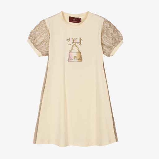 AIGNER-Girls Beige Cotton Logo Dress | Childrensalon Outlet