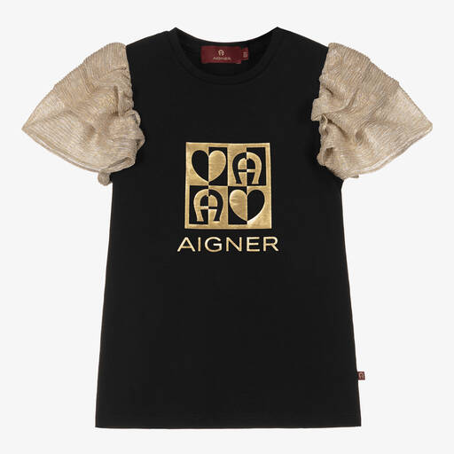 AIGNER-توب قطن جيرسي لون أسود وذهبي للبنات | Childrensalon Outlet